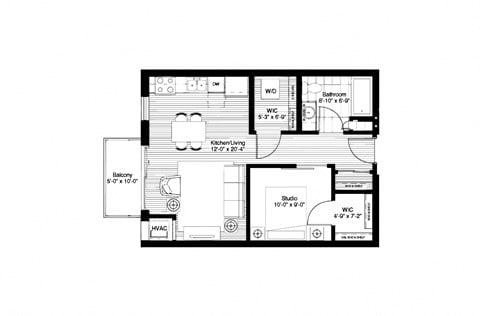 Floor plan for studio, 1 bath, 605 sqft